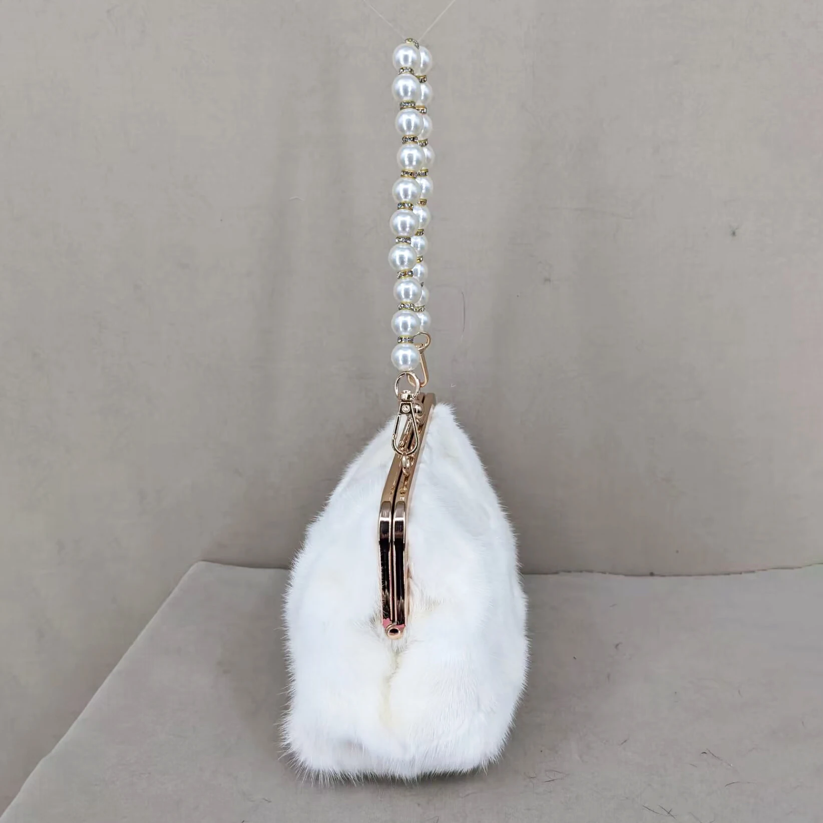 Natural Mink Fur Pearl Handbag, Multicolor, Rainbow Color, Furry, Luxurious, Party, Wedding Purse, Gray, B230628, Winter, 2023