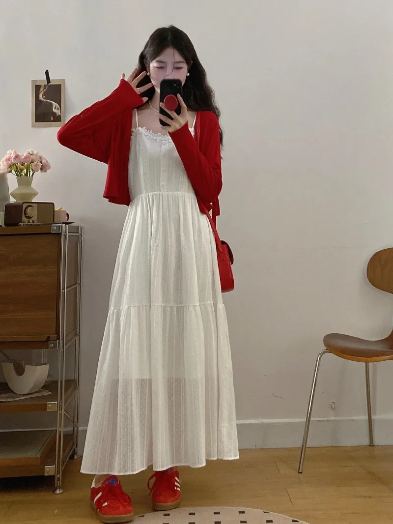 

plus Size Soft Style Lace Trim Sundress Set White Long Sleeve Mid-Length Kimono Coat Women's Fashion Spring Summer New Arrival