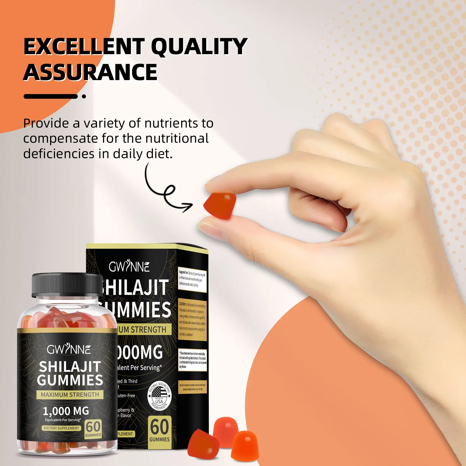 Gwynne Shilajit Shilajit Gummies 60 وحدة نكهة التوت والبطيخ + كبسولات شاراجي 60 وحدة 2 وحدة