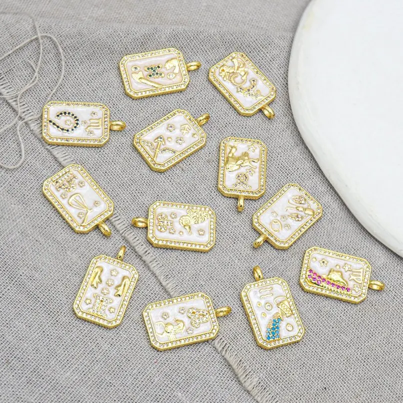 

5Pcs Square-shape Rectangle Twelve Constellations Charms Cubic Zirconia Copper Gold Color Enamel Approx 14.5x24.4mm Jewelry