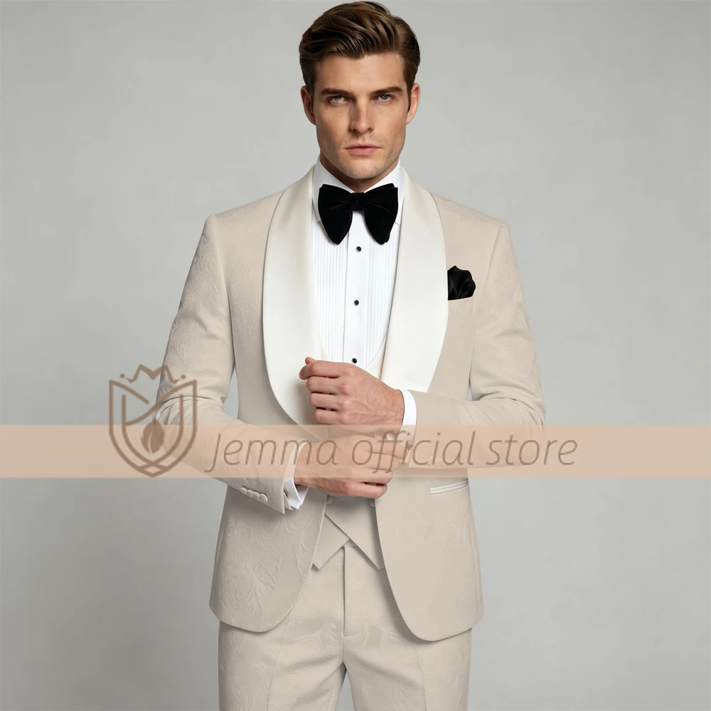 Men's 3-Piece Premium Jacquard Suit, Elegant Shawl Lapel Blazer with Matching Vest and Trousers for Formal Galas