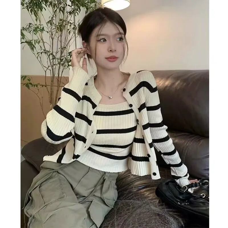 Women Clothes Spring Autumn Office Lady Striped Color Blocking Knitting Ladies Simplicity Korean Fashion Slim Two-piece Set Tops