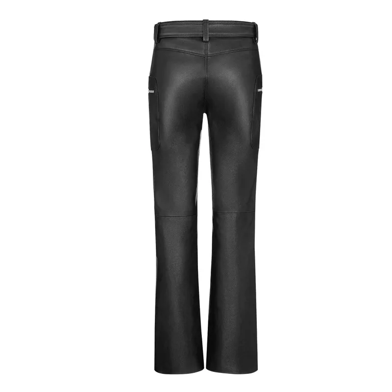 Spring Autumn Cool Black Genuine Leather Pants with Zipper Belt Luxury Designer Fashion Pants Women Elastic Leather Trousers