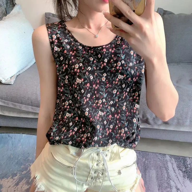 2024 Fashion Women's Chiffon Tank Tops Summer Sleeveless T-Shirt Floral Printed Beach Casual Plus Size Loose Vest Female Y2k Top