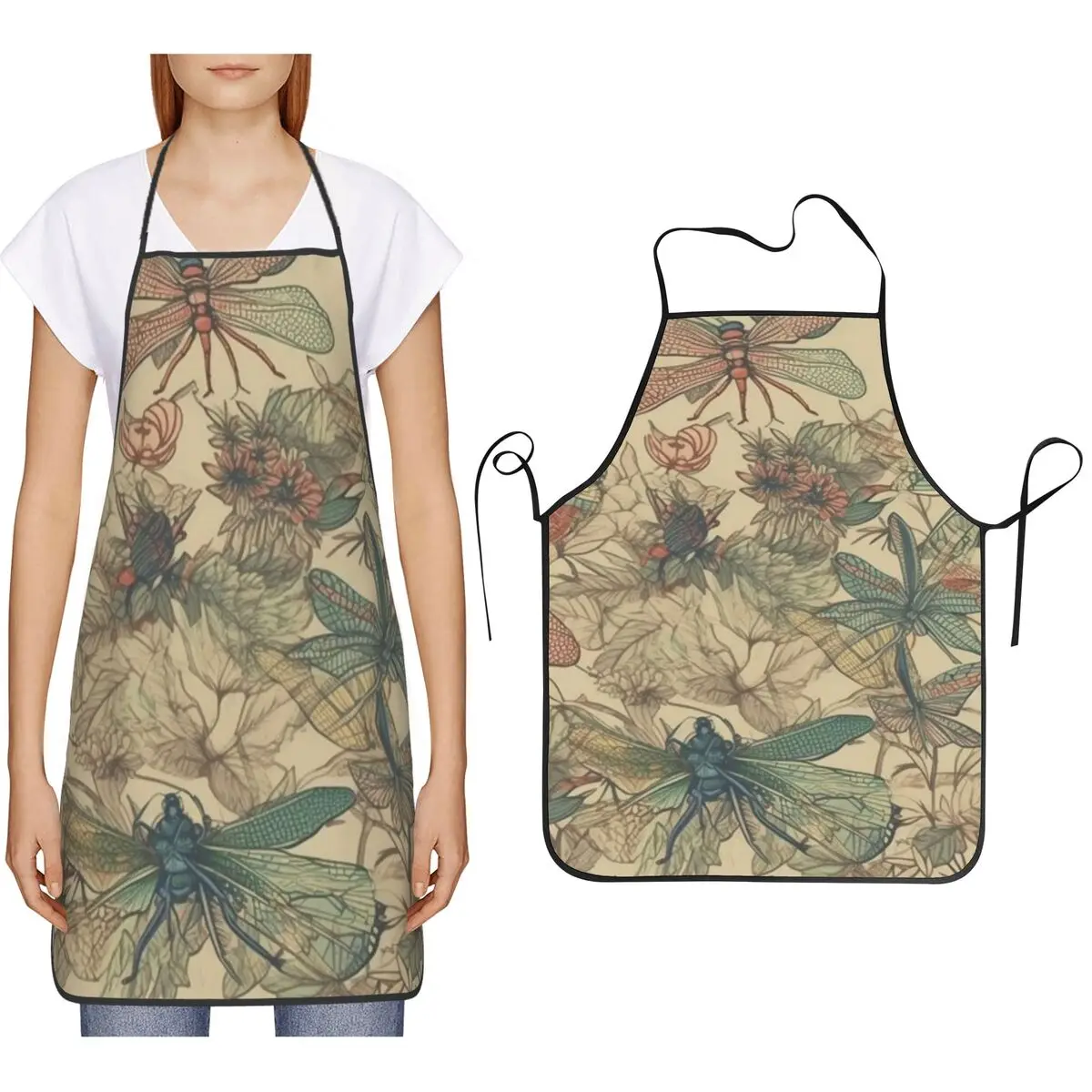 Vintage Dragonfly Pattern Artistic Aprons Chef Cooking Cuisine Tablier Bib Kitchen Cleaning Pinafore for Women Men Painting
