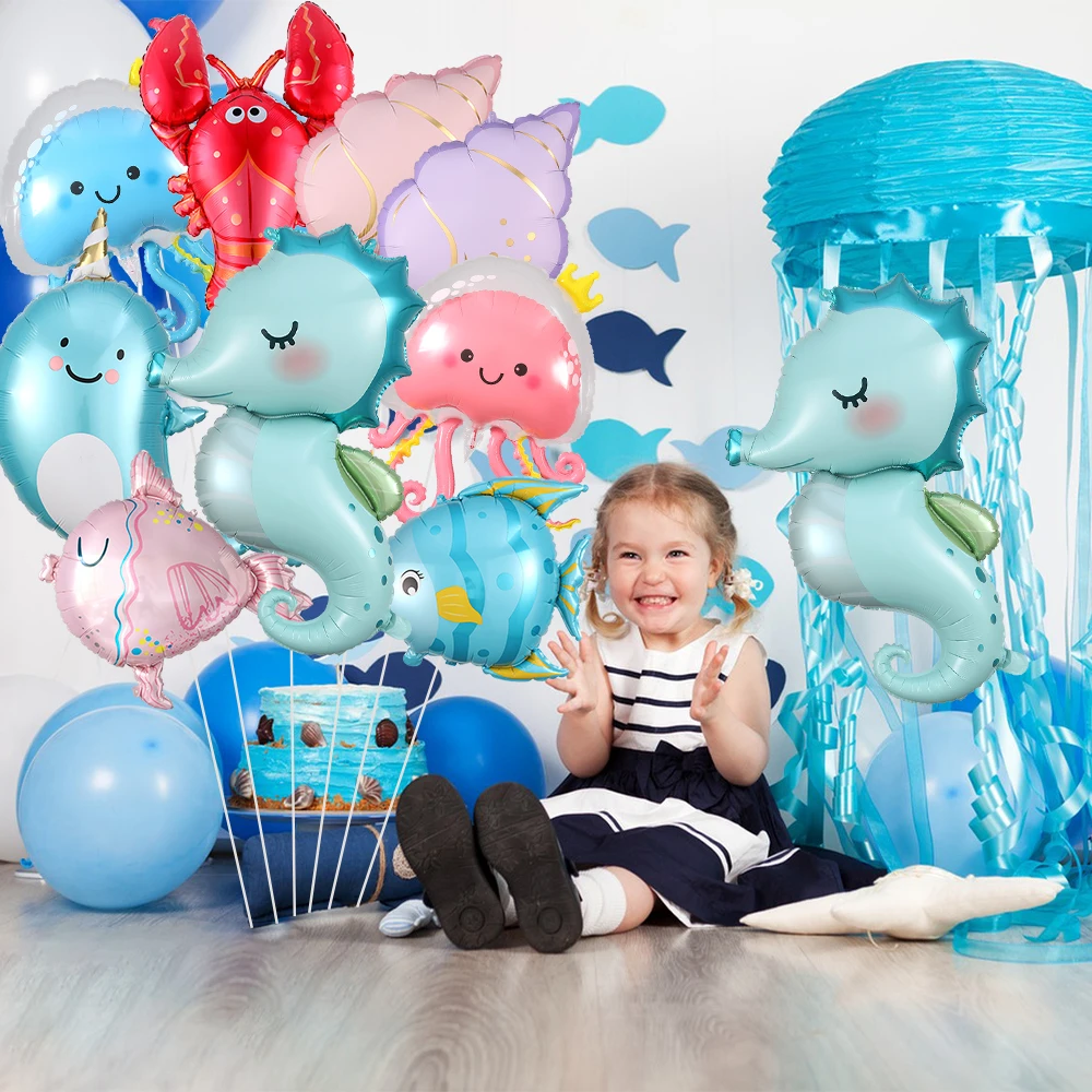 

10Pcs/set Seahorse Foil Balloons Jellyfish Fish Conch Helium Ball Ocean Animals Baby Shower Under The Sea Birthday Party Decor