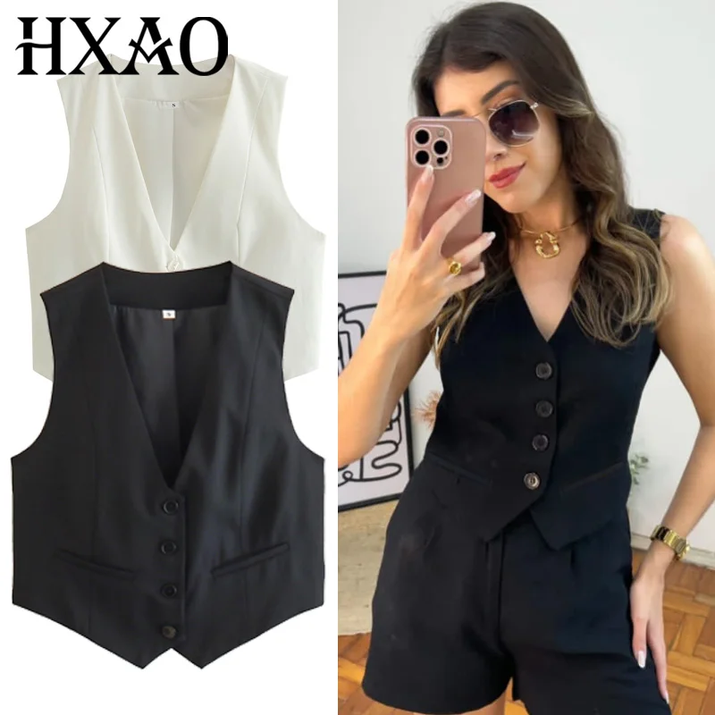 

HXAO женские жилеты, укороченный жилет без рукавов, женские элегантные черные, белые топы для женщин, верхняя одежда на пуговицах с v-образным вырезом, модные жилеты