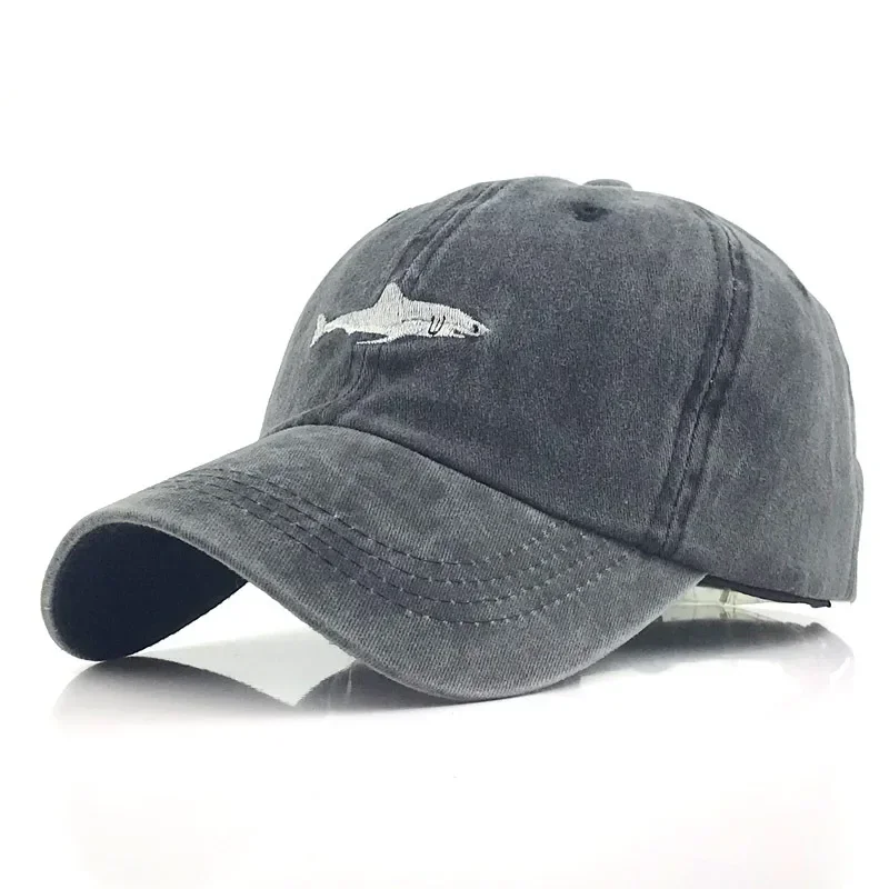 Shark Embroidered Baseball Hat Solid Color Curved Edge Pure Cotton Washed Casual Baseball Hat Men's and Women's Duck Tongue Hat