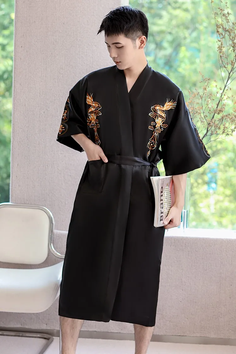 Sleepwear Men Robe Embroidery Dragon Summer Kimono Bath Gown Sexy Nightwear Loose Bathrobe Lingerie V-Neck Oversized Loungewear