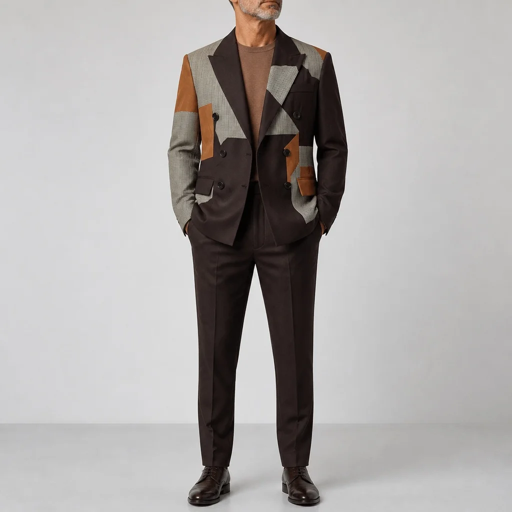 Men's Fashion Color Block Patchwork 2 Piece Suit Double Breasted Peak Lapel Blazer Straight Leg Pants For Business Party Wedding