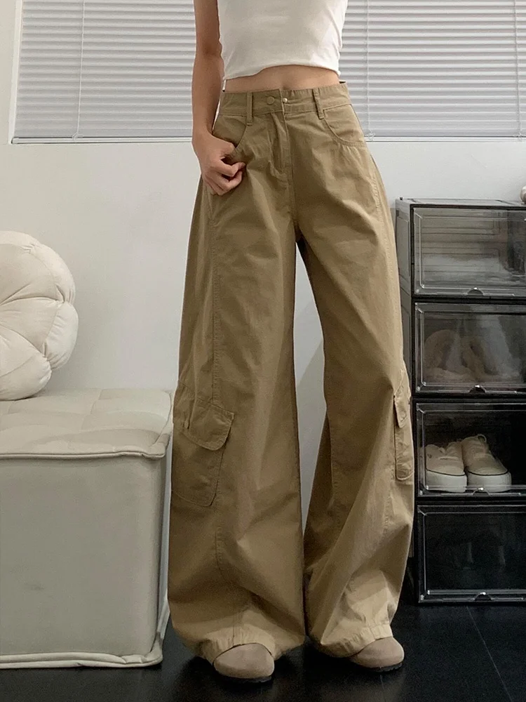 بنطلون عمل أمريكي بمقاسات كبيرة للنساء، تصميم عصري متعدد الجيوب، بنطلون جينز مستقيم وواسع الساق بخصر عالي وتأثير تنحيف