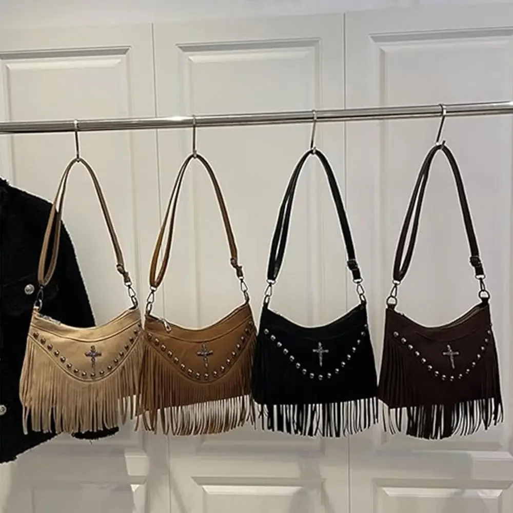 

Retro Y2K Suede Shoulder Bag Studded Fringe Cross Hobo Punk Crossbody Skull Vintage Handbag
