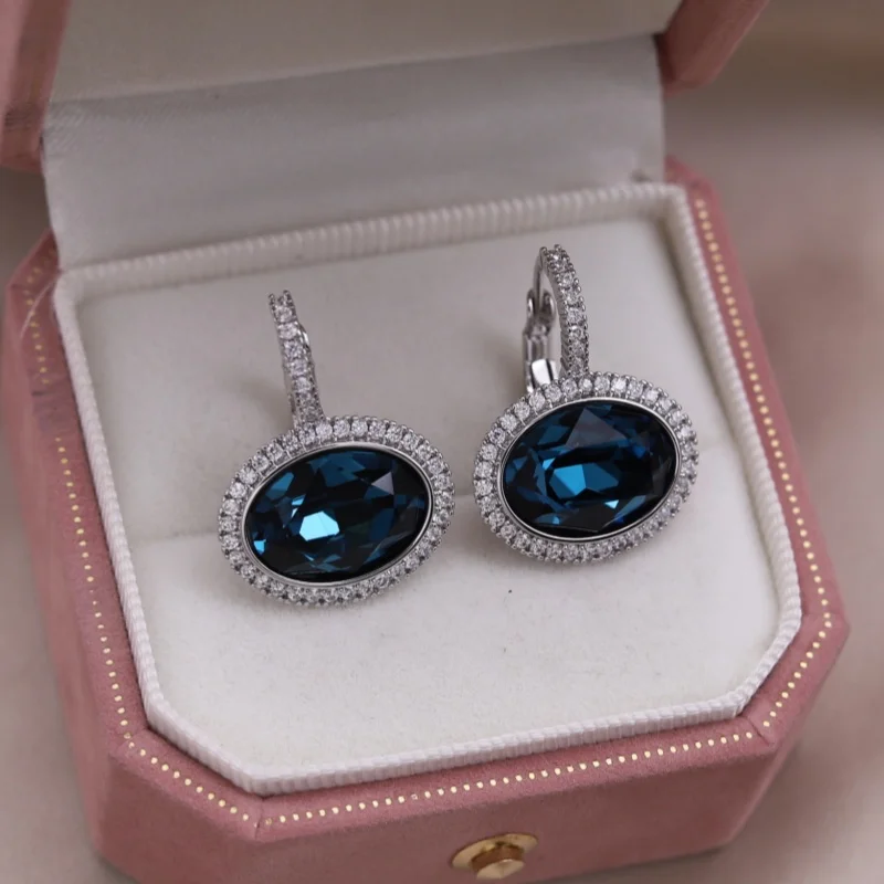 Korean New Design Fashion Jewelry 14K Gold plated Oval Zircon Blue Crystal Earrings Elegant Women's Evening Party Accessories