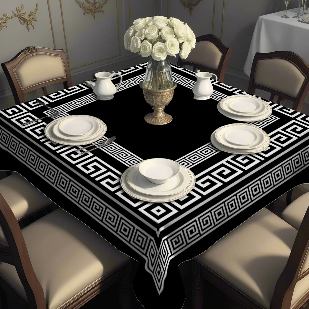 Black and white Greek geometric border pattern printed square tablecloth, suitable for festive gatherings and daily use