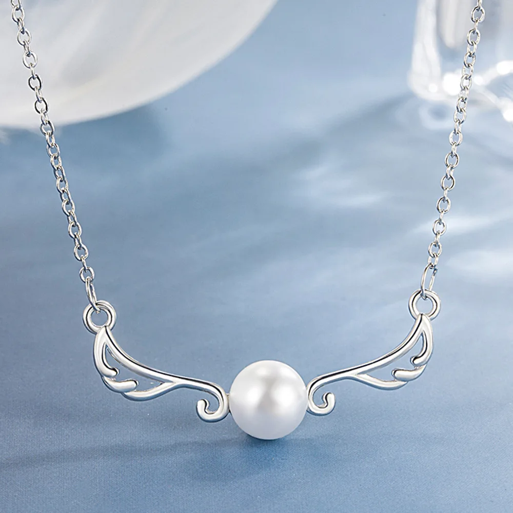 

925 Sterling Silver Pearl Angel Wing Pendant Necklaces For Women Luxury Elegant Jewelry Accessories Wholesale Argent 925