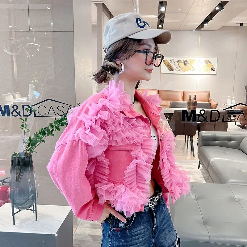 Harajuku Women Pink Beaded Denim Bomber Jacket Mesh Spliced Sequined Tassels Coat Gauze Pleated Jeans Cardigan Outwear Crop Tops