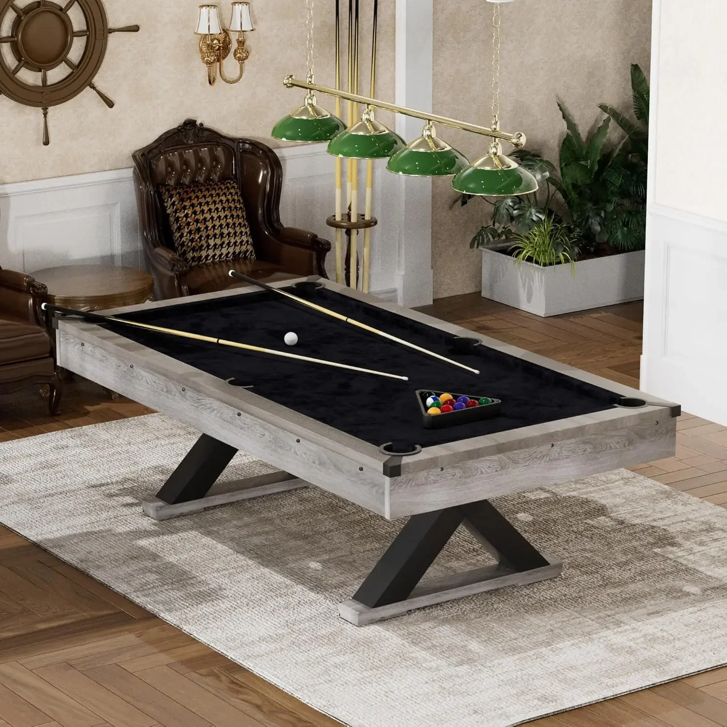 

84" Pool Table with Rustic Finish, Billiard Balls, Cues, Pool Cue Chalk, Cleaning Brush, X-Legs and Black Cloth, Rustic Grey