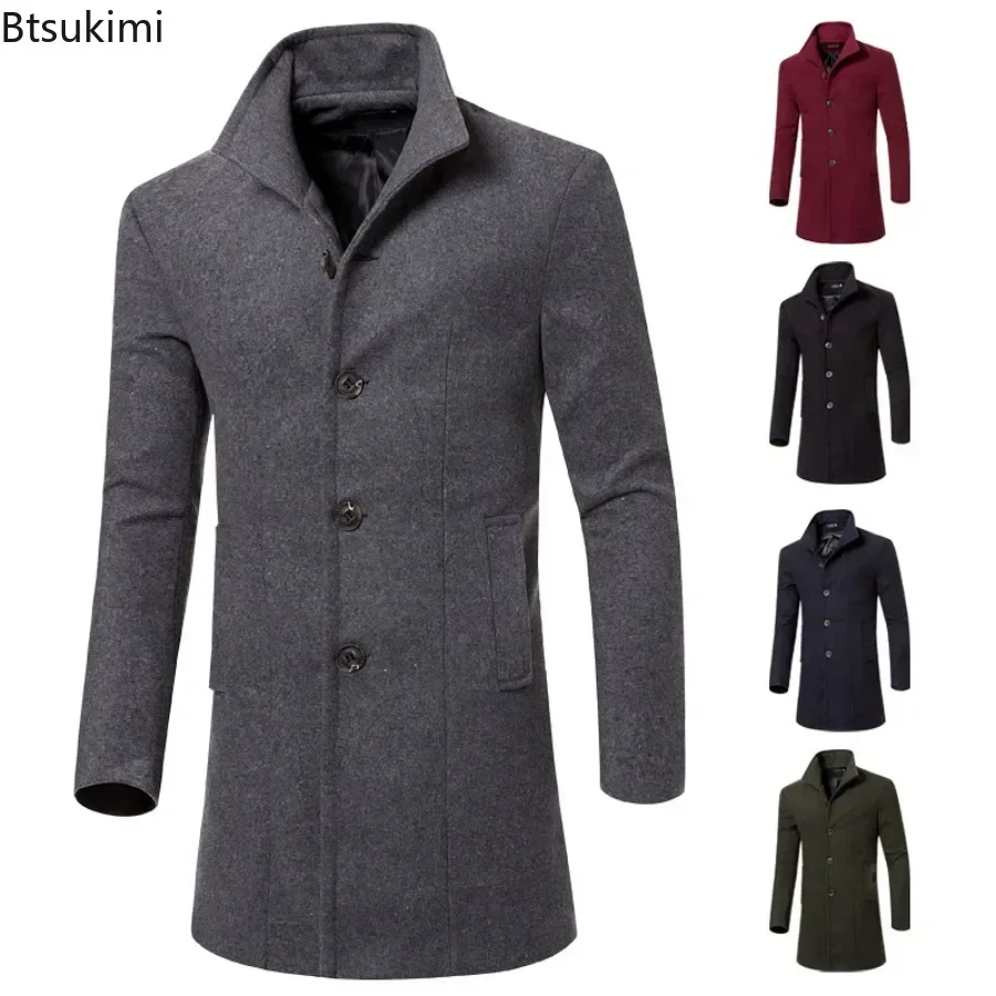 

2025 Men's Warm Woolen Trench Jacket Solid Slim Woollen Jacket Coats Male Fashion Windproof Stand Collar Long Outwear for Men