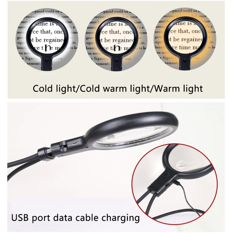 Rechargeable LED Handheld Magnifier with Three Color Lights & Neck Designs LED Glass For Elderly And Students