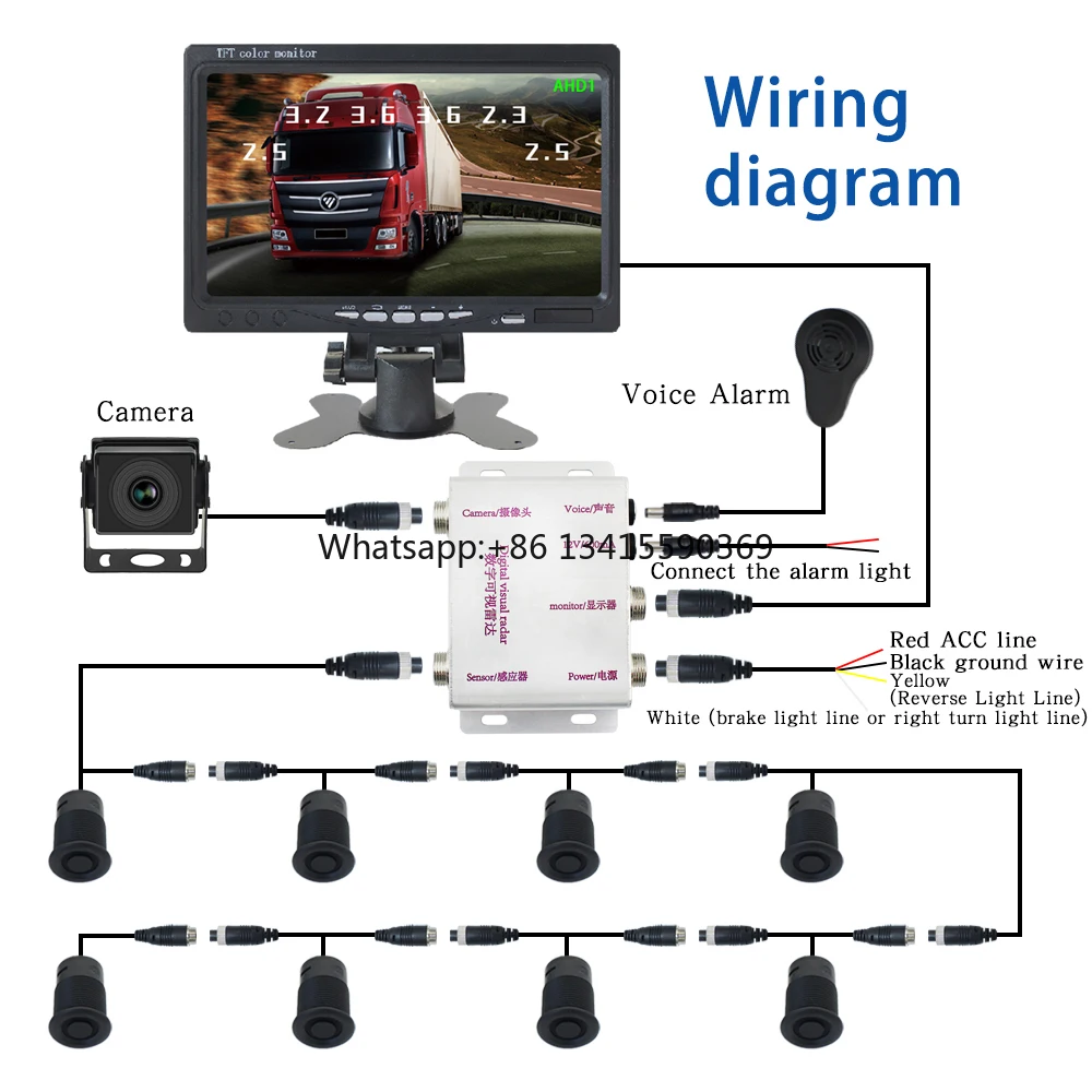 

7 Inch TFT Car Monitor with Heavy Duty 8 Sensors 12V 36V Reverse Camera for Parking Forklift School Bus Truck Bus Parking Sensor