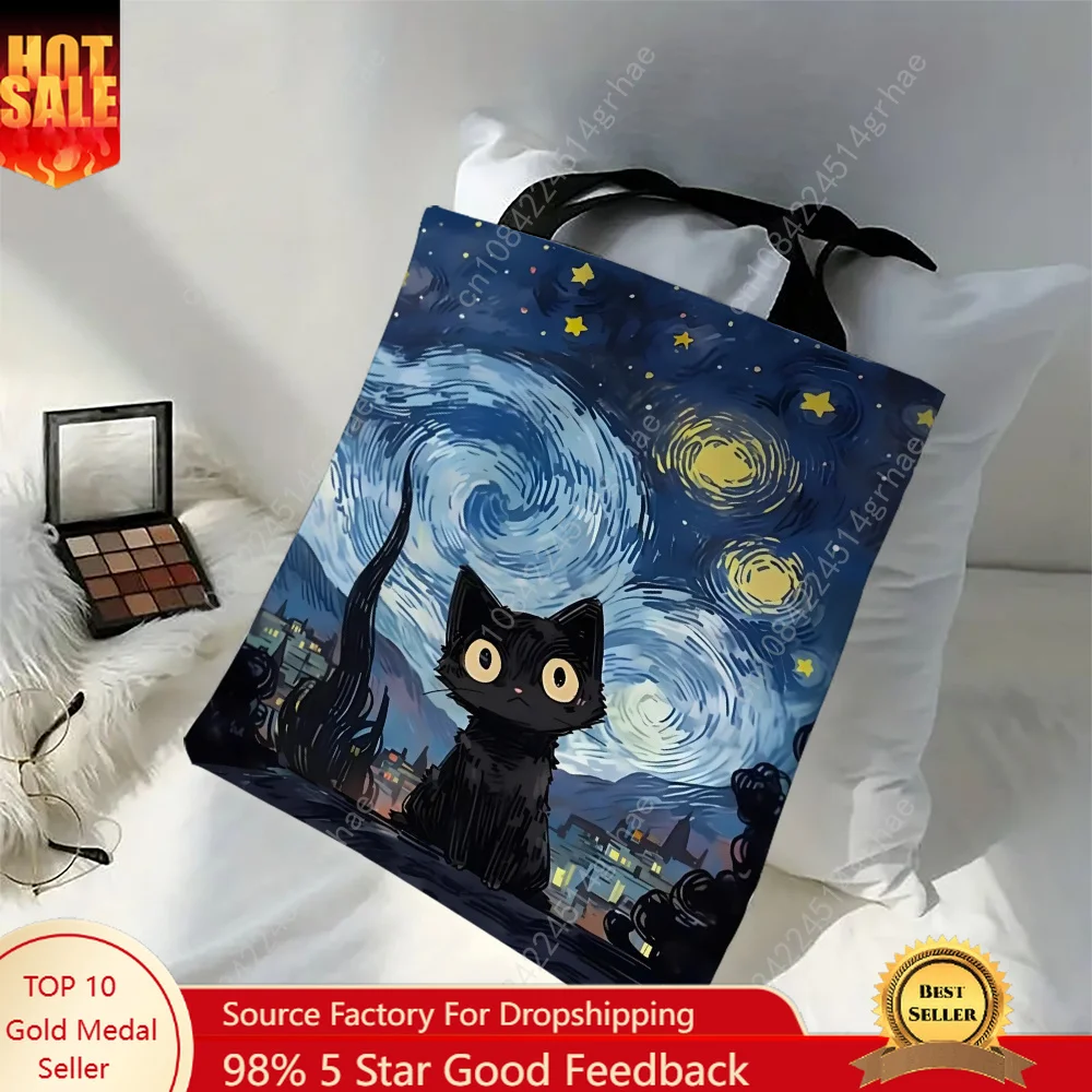 1pc Cute Cartoon Cat Shoulder Bags Funny Animal The Starry Night Shoulder Bags Casual Fashionable Bag, Multi Functional Handbag