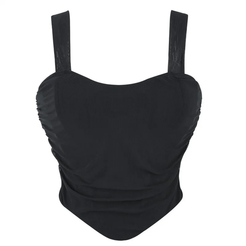 

women's sexy ruched push up wide strap crop bustier sheer top corset blouses underwear lace mesh wrinkle camisole breathabl