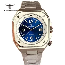 Tandorio NH35A Steel Square Automatic Watch for Men Sapphire Crystal 42mm Mechanical Wristwatch Transparent Back Green Luminous