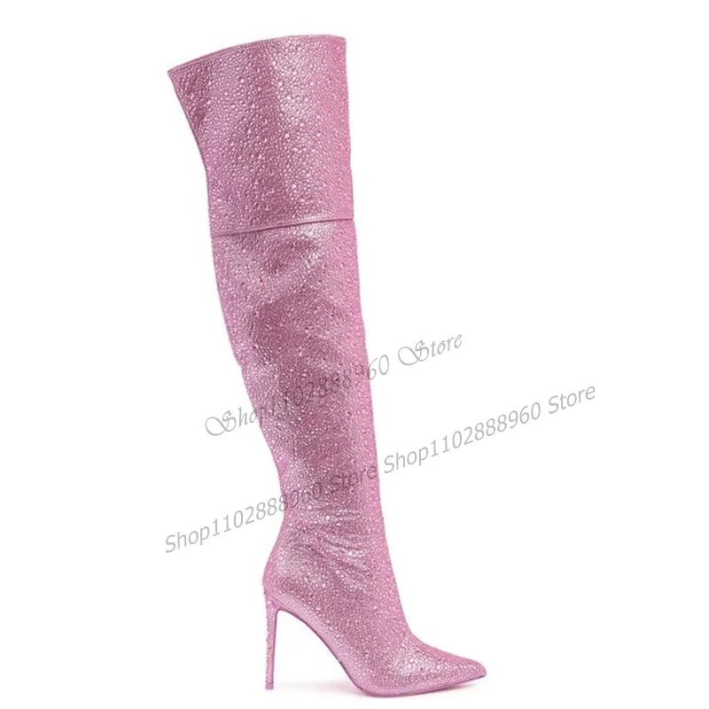 Plus Size Over The Knee Pink Crystal Decor Boots Thin High Heel Women Shoes Side Zipper Pointed Toe 2023 Zapatos Para Mujere