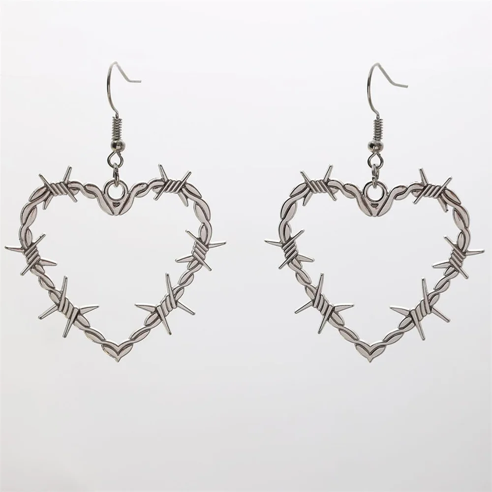 Karol G Gothic Barbed Wire Thorn Heart Earrings Metal Drop Earrings Halloween Cyberpunk Jewelry Gifts for Women Men