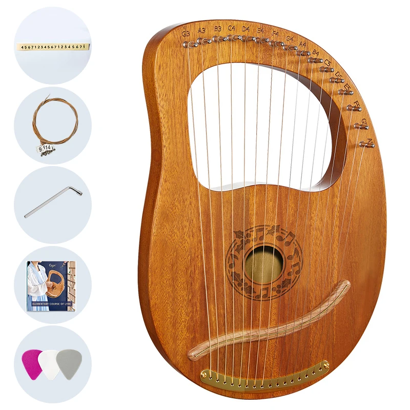 Mahogany Wood 19 String Portable Lyre Harp, Factory Wholesale Custom OEM ODM Musical Instrument Gift for Kids Adults