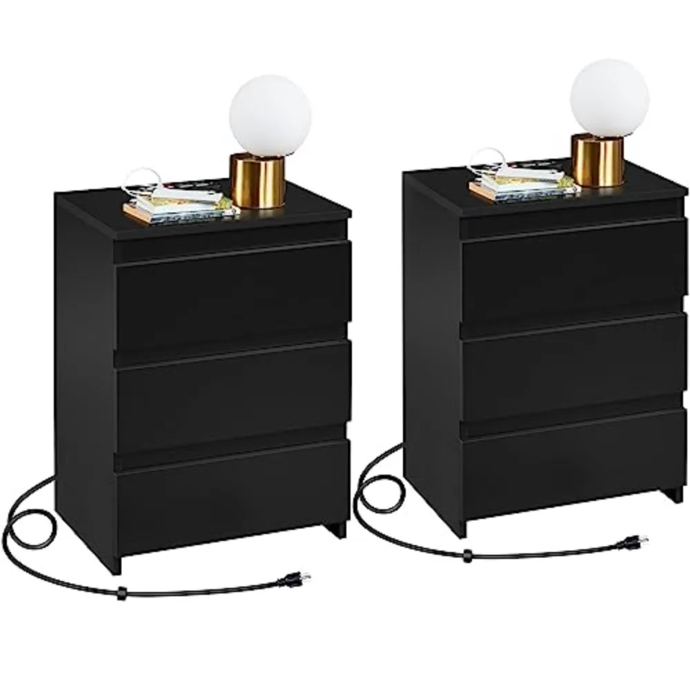 Bedroom Nightstand Set of 2 with Charging Station, 3-Drawer Black | Bedside Tables, 2 AC & 2 USB Ports, Charge Phones &