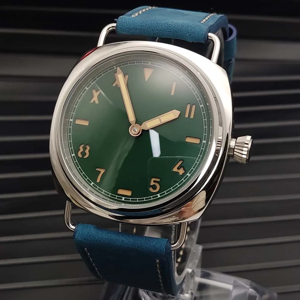 45mm Men\'s Classic Vintage Manual Watch with Leather Strap, Stainless Steel Water Resistant Case, Night C3 Green Glow Watch