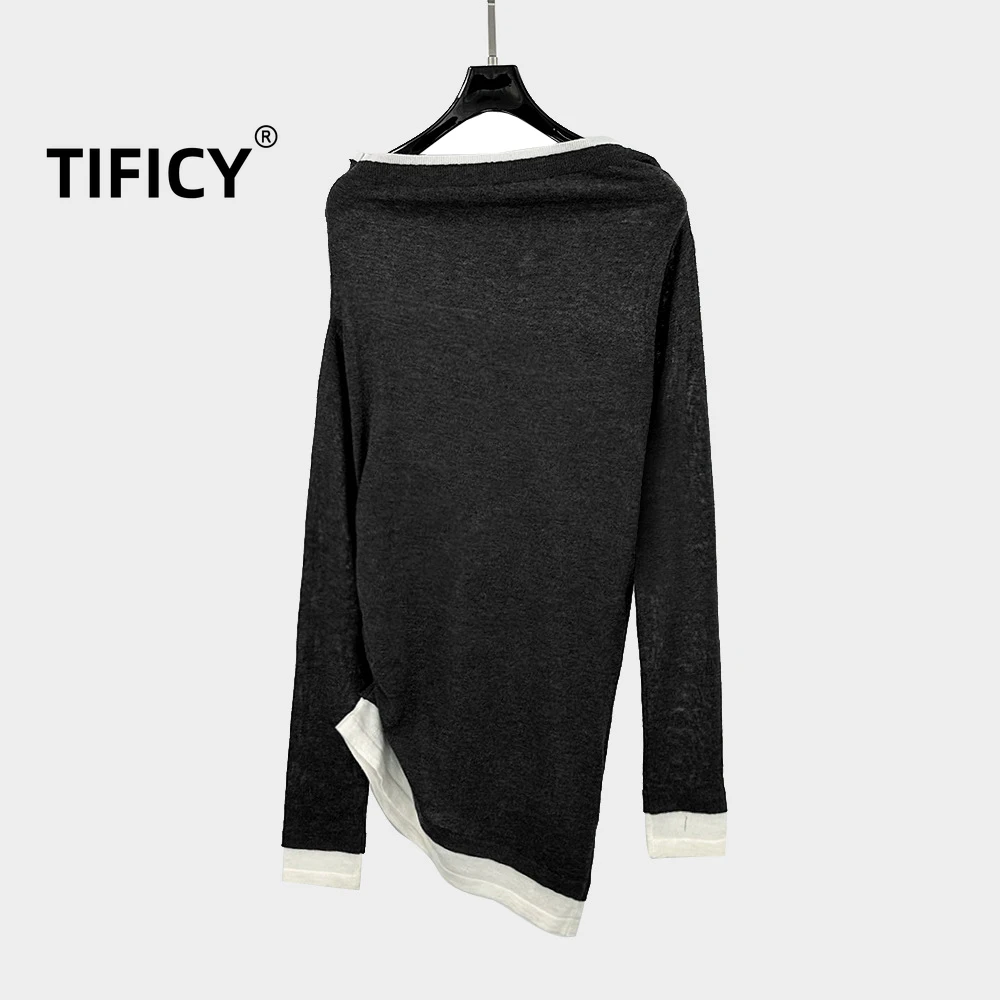 

High Street Autumn Versatile One Piece Collar with Contrasting Colors Women's Fake Two-piece Bottoming Long Sleeved T-shirt Tops