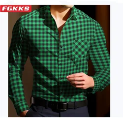 FGKKS 2024 Outdoor Casual Shirt For Men Solid Color Plaid Slim Top High Quality Design Selling Casual Shirt For Men