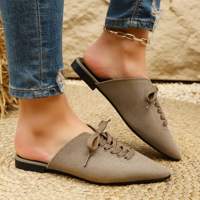 

Women's Baotou Flat Shoes Summer New Pointed Head Cloth in Front of A Soft Sole Anti-slip Wear-resistant Slippers