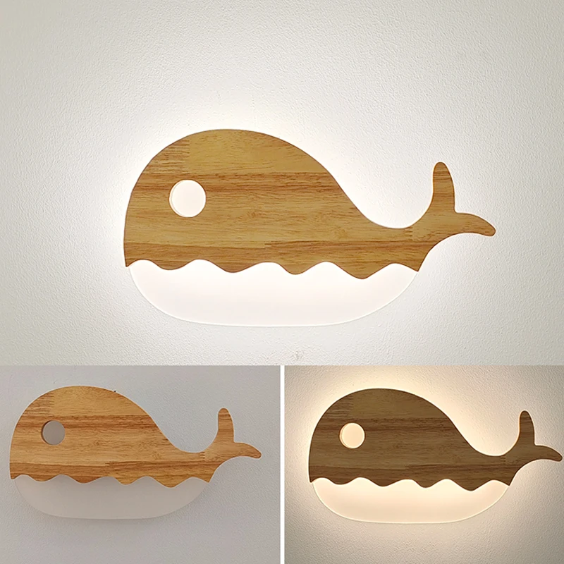 Wood Lighting Fixtures Whale Fish Cloud Love Wall Lamps Sconce for Children Room Decor Kid Bedroom Light LED Bathroom Luminaria