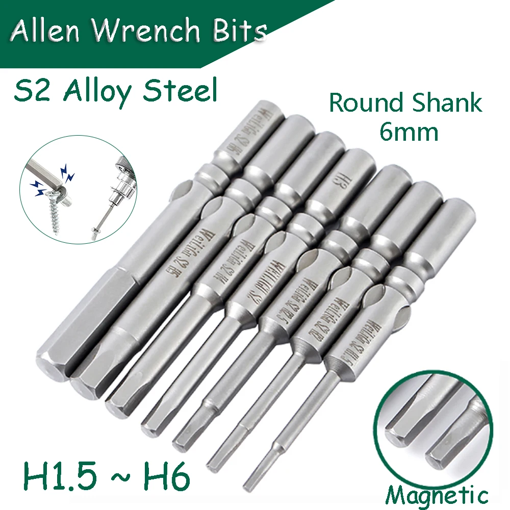 

1pcs/7pcs Hex Head Allen Wrench Bits H1.5 - H6 Magnetic 6mm Round Shank S2 Steel 60/100mm Length Electric Batch Head Repair