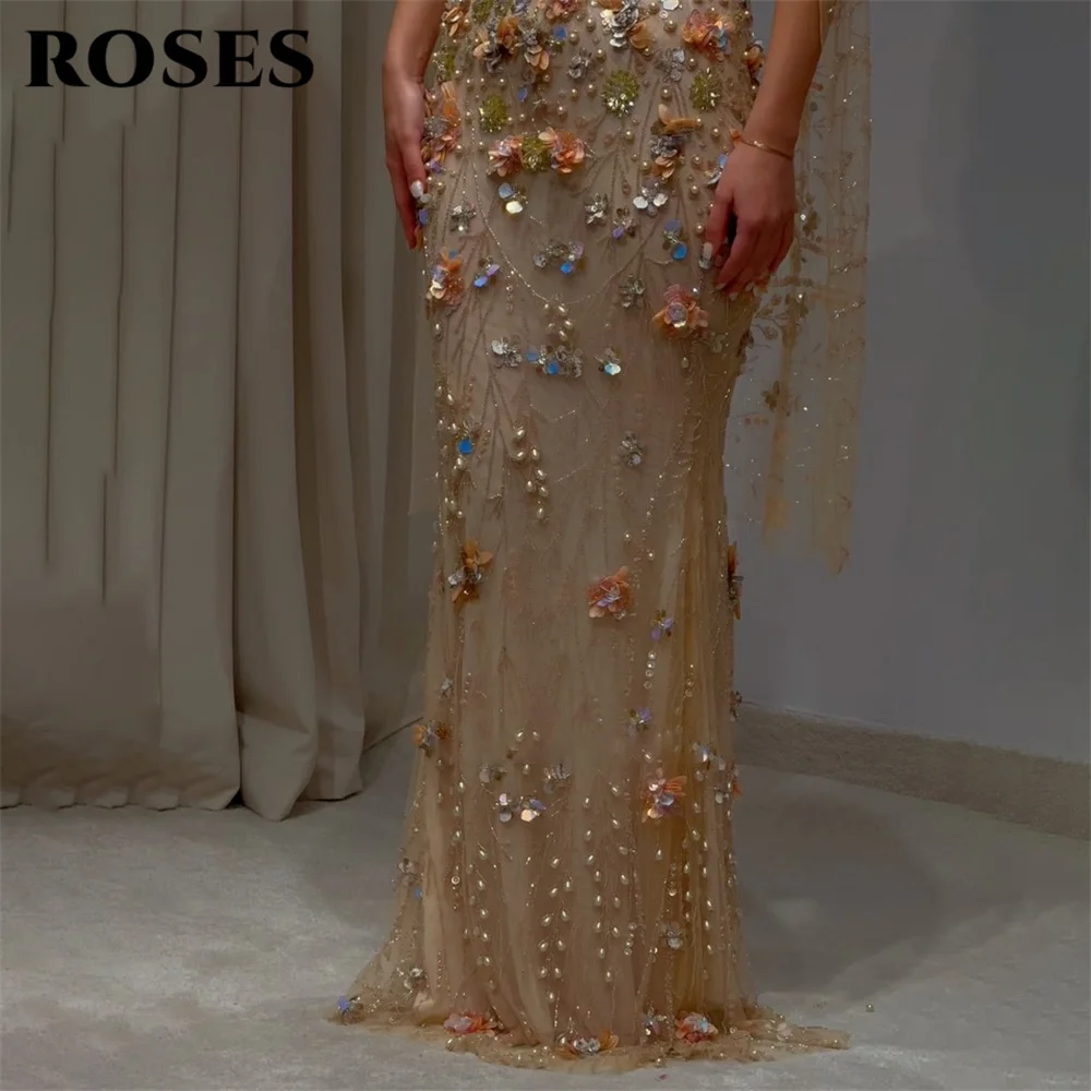 Gaun Pesta Champagne ROSES Model Sweetheart Mermaid dengan Hiasan Bunga 3D فساتين السهرة Gaun Gala yang Dapat Disesuaikan