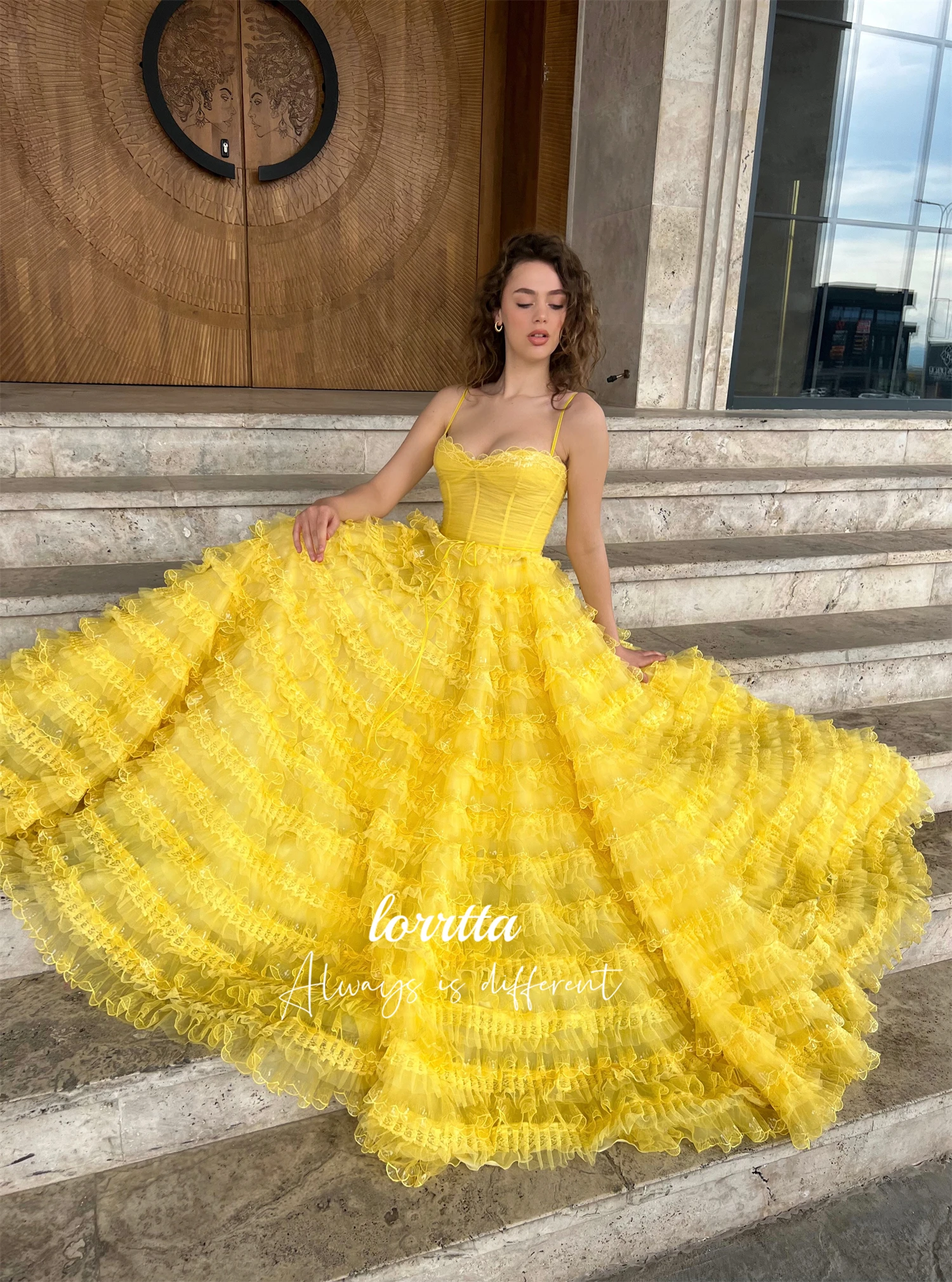 Lorrtta Wedding Party Layered Graduation Gown Yellow Ball Lace Mesh Sharon Happy Dress 2023 Luxury Evening Dresses Prom Woman