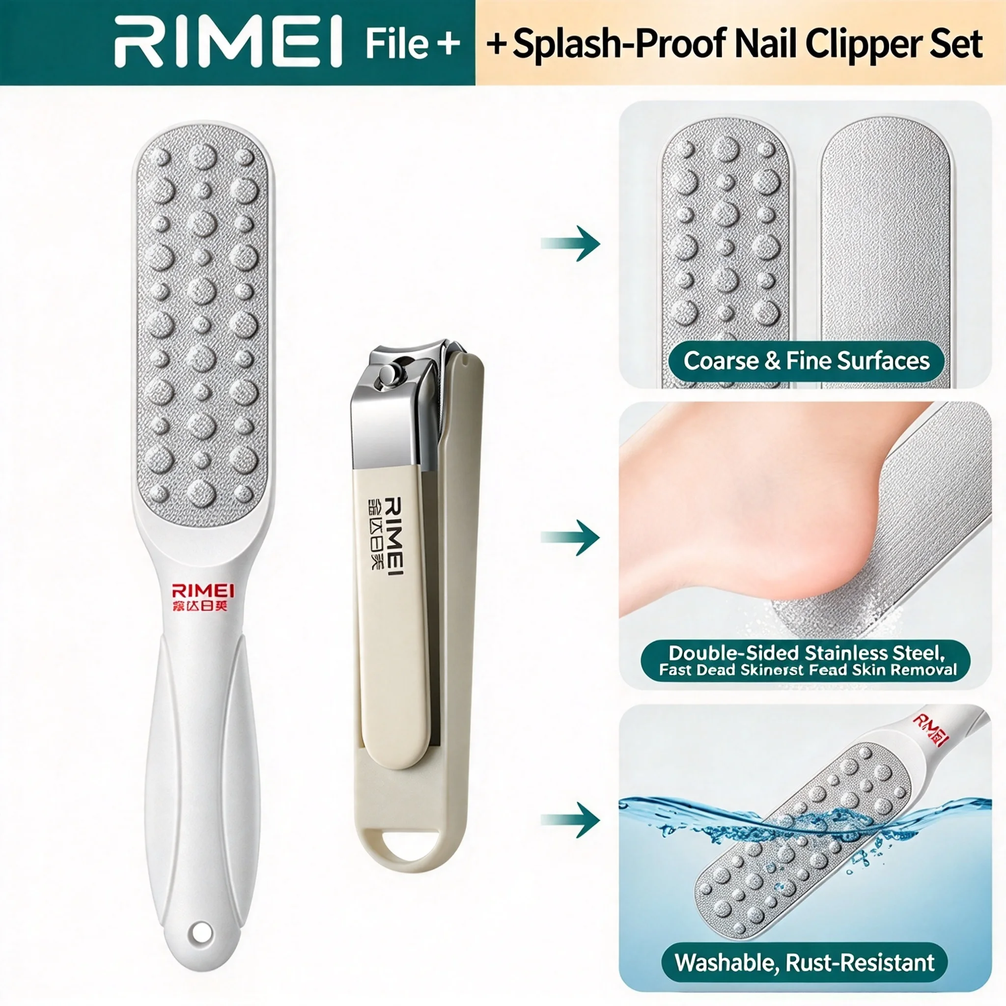 Foot File and Splash Proof Nail Clipper Set, Double Sided Stainless Steel Foot Scrubber Dead Skin Remover Pedicure Tool for Foot