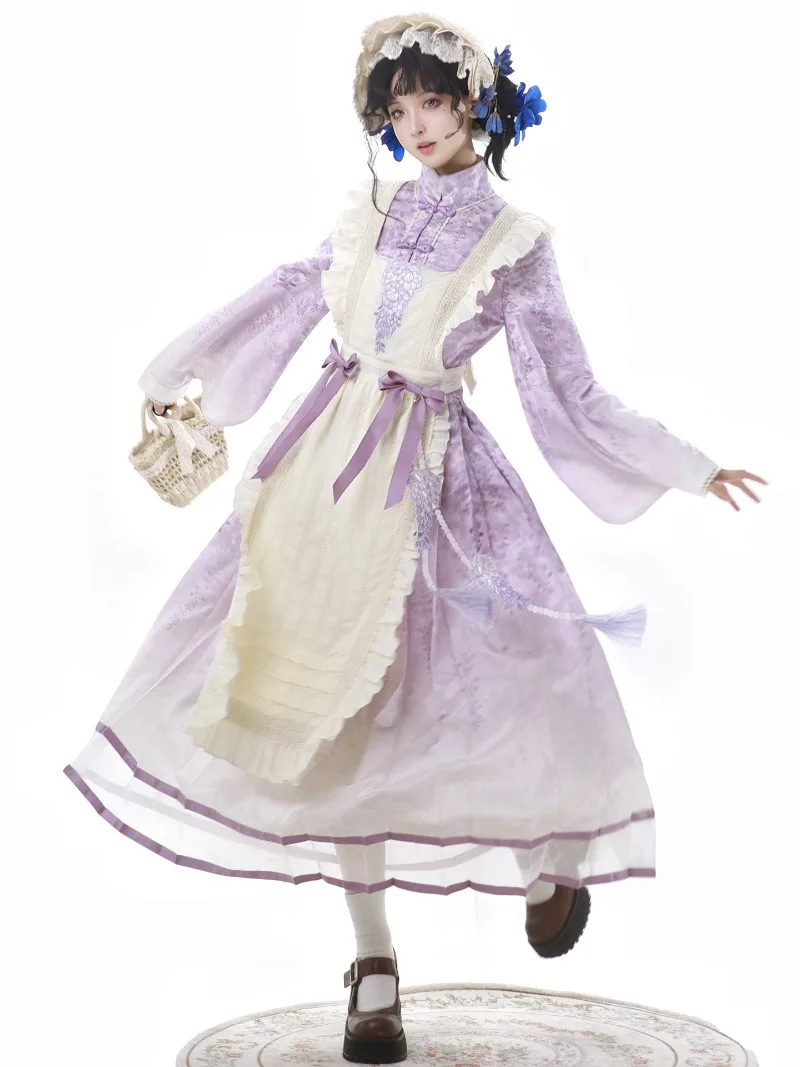 Grembiule da donna originale Lolita quotidiano carino dolce stile pastorale serie CLA stampa retrò colletto alla coreana manica lunga viola abito lungo grembiule