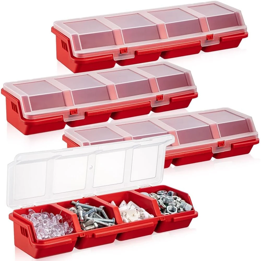 Plastic opbergcontainers met compartimenten, plastic gereedschapsorganizer met sloten, boutenorganizer, rood