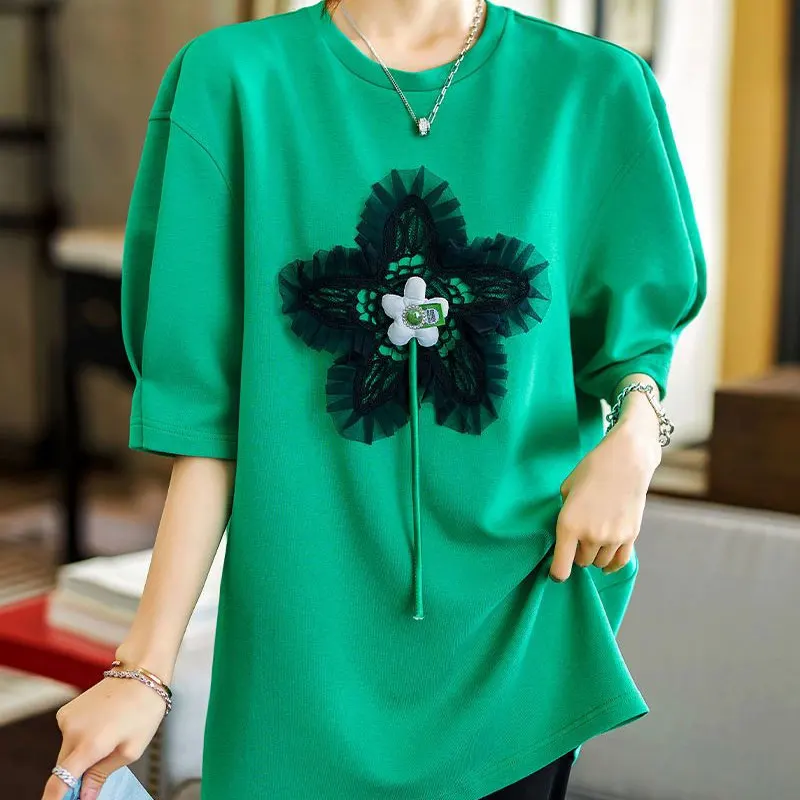 Summer Casual Stylish Tie Flowers T-shirt Women's Clothing Loose Chic Three-dimensional Decoration Korean Round Neck Pullovers