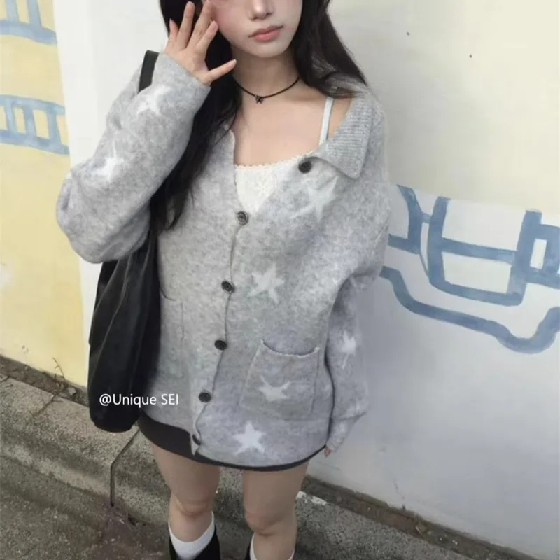 

Japanese Style Sweet Star Jacquard Grey Long Sleeve Cardigan Women 2025 Winter New Turn Down Collar Loose Casual Knitted Tops