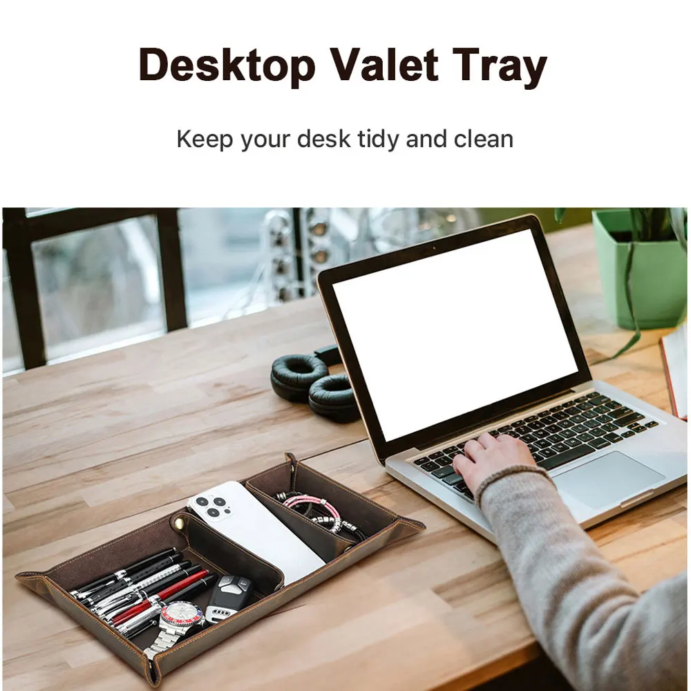 Geniune Leather Valet Tray Nightstand Jewelry Holder Box for Men Desktop Sundries Box for Dice Phone Sunglasses Catch All