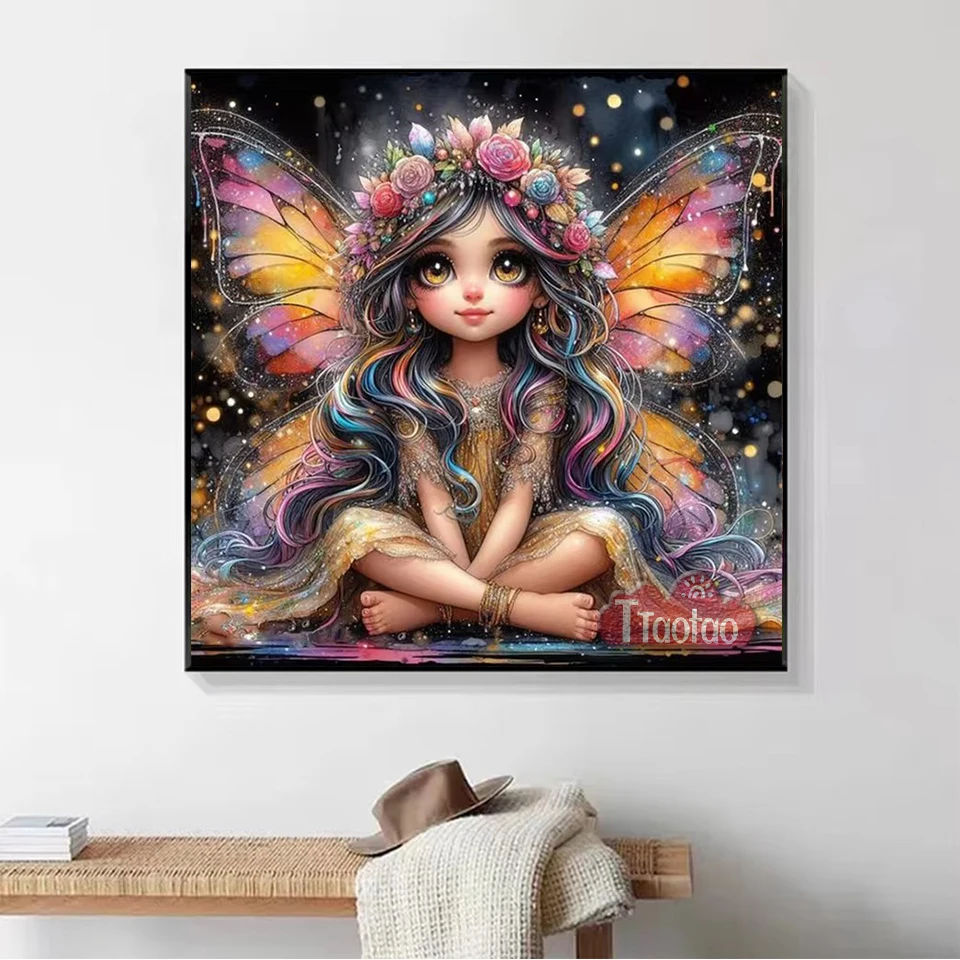 5D Cartoon Diamond Painting Full Square Round Mosaic Rhinestone Embroidery Big Eyes Girl Butterfly Fairy DIY Home Decor Mural