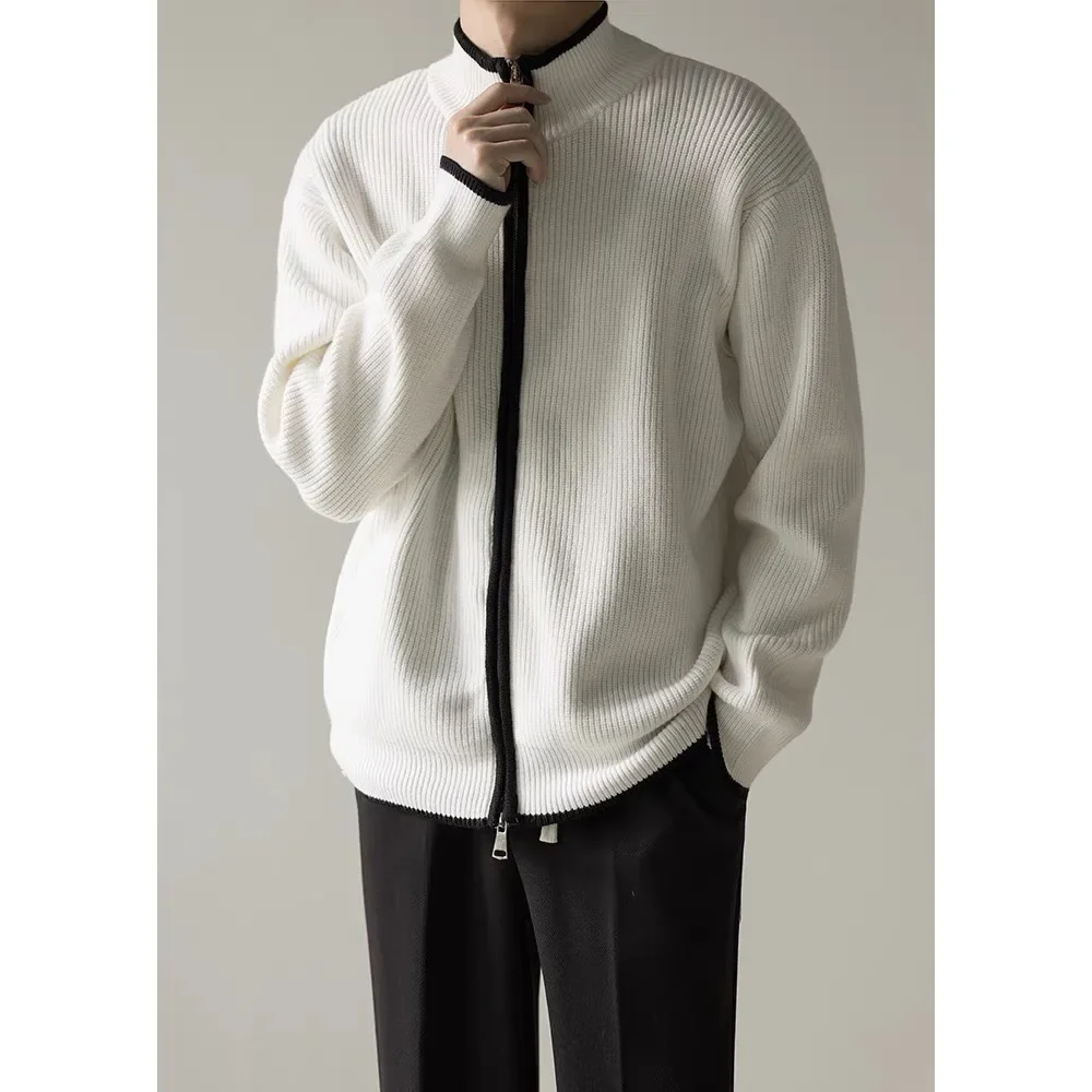 

2024 Men's Autumn New Stand Collar Color Matching Cardigan Sweater Casual Zipper Loose-Fitting Versatile Sweater