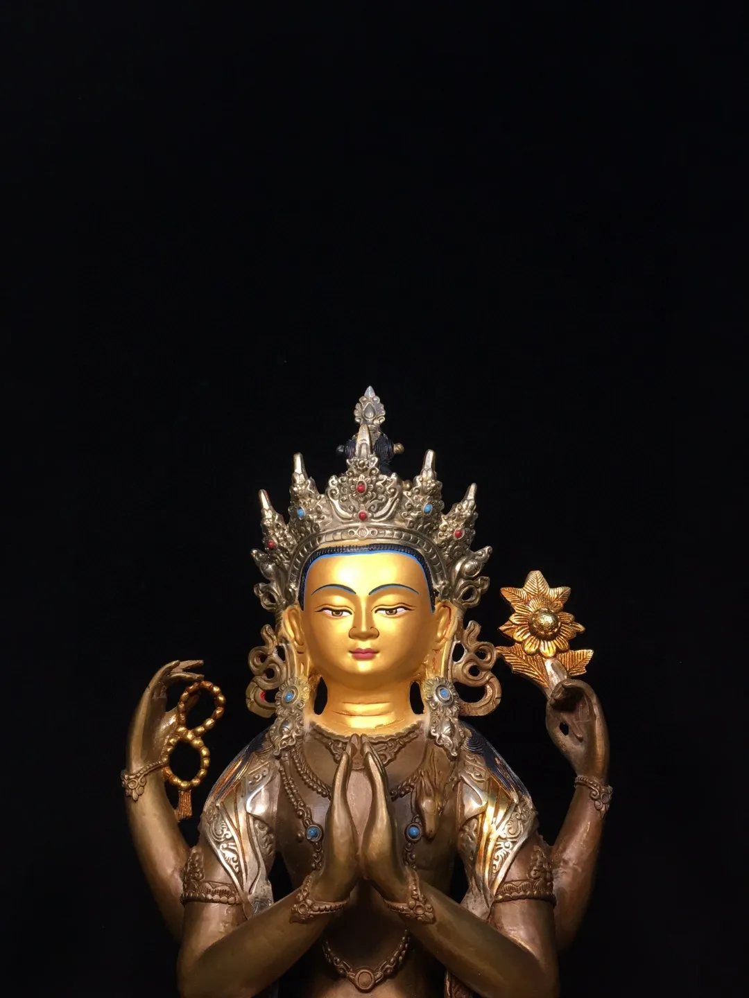 Pure copper painted inlaid with precious stones Tibetan gilt silver four arms Guanyin Buddha mother statue home Buddhist hall or