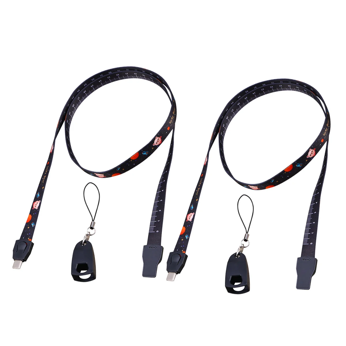 2pcs Mobile Phone Lanyard with Ruler Creative USB Cable Portable Data Line Phone Accessories ( , Long Type, Black)