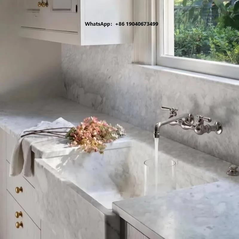 Elegant White Marble Washbasin Farmhouse Kitchen Sink Custom Natural Marble Apron Front Sink xyl